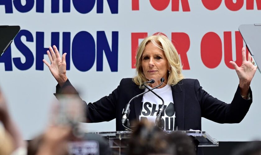 First Lady Jill Biden speaks at the Fashion For Our Future Rally on the first day of New York Fashion Week