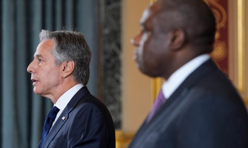 U.S. Secretary of State Antony Blinken, left, speaks during a joint press conference with the Britain's Foreign Secretary David Lammy in the Locarno room at the Foreign, Commonwealth and Development Office (FCDO) in London, Tuesday, Sept. 10, 2024. (AP Photo/Mark Schiefelbein, Pool)