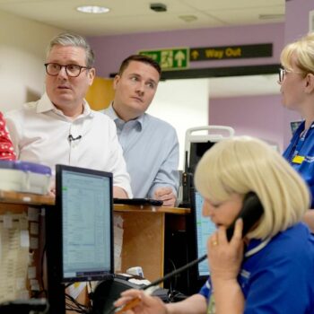 Keir Starmer and Wes Streeting, meet nursing staff and Labour's candidate for the East Midlands Mayor and current chair of the Sherwood Forest Hospitals NHS Trust, Claire Ward (left), during a visit to Kings Mill Hospital Sutton-in-Ashfield, in the East Midlands, as they unveil Labour's plans to digitise the 'red book' of children's health records. Picture date: Monday April 8, 2024. PA Photo. See PA story POLITICS Labour. Photo credit should read: Jacob King/PA Wire