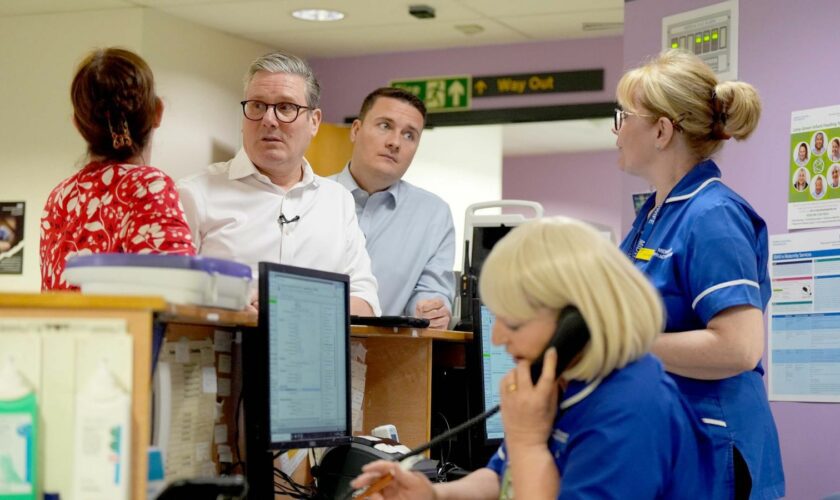 Keir Starmer and Wes Streeting, meet nursing staff and Labour's candidate for the East Midlands Mayor and current chair of the Sherwood Forest Hospitals NHS Trust, Claire Ward (left), during a visit to Kings Mill Hospital Sutton-in-Ashfield, in the East Midlands, as they unveil Labour's plans to digitise the 'red book' of children's health records. Picture date: Monday April 8, 2024. PA Photo. See PA story POLITICS Labour. Photo credit should read: Jacob King/PA Wire