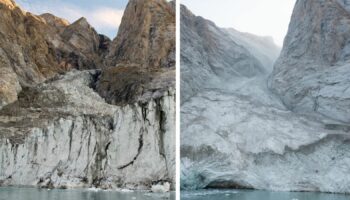 Mountain peak above Dickson Fjord before (left) and after the landslide. Pic: PA