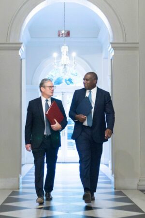 Britain's Prime Minister Keir Starmer, left, and Foreign Secretary David Lammy at the British ambassador's residence in Washington, Friday Sept. 13, 2024, before their meeting with US President Joe Biden. (Stefan Rousseau/Pool via AP)