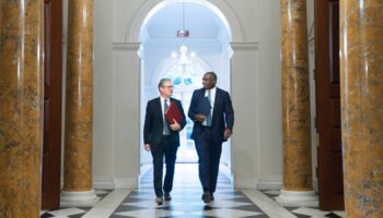 Britain's Prime Minister Keir Starmer, left, and Foreign Secretary David Lammy at the British ambassador's residence in Washington, Friday Sept. 13, 2024, before their meeting with US President Joe Biden. (Stefan Rousseau/Pool via AP)