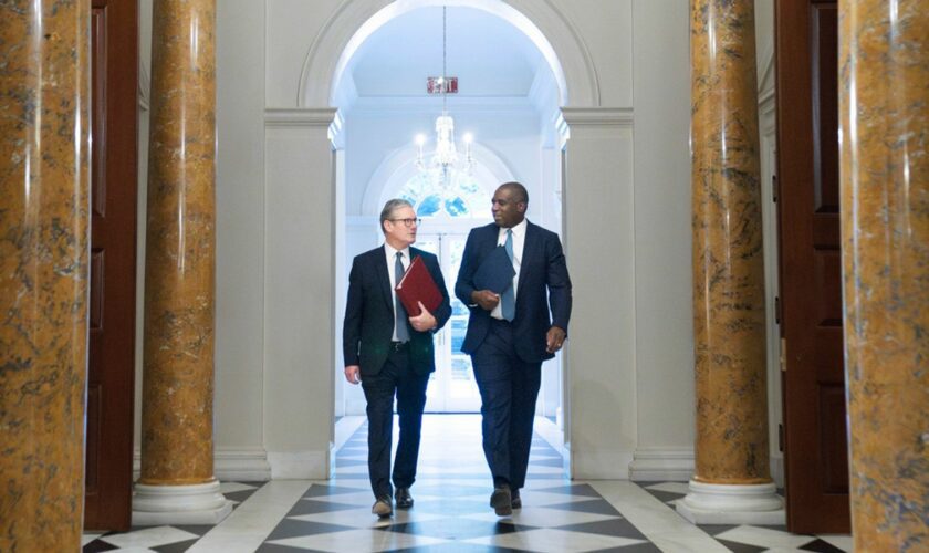 Britain's Prime Minister Keir Starmer, left, and Foreign Secretary David Lammy at the British ambassador's residence in Washington, Friday Sept. 13, 2024, before their meeting with US President Joe Biden. (Stefan Rousseau/Pool via AP)