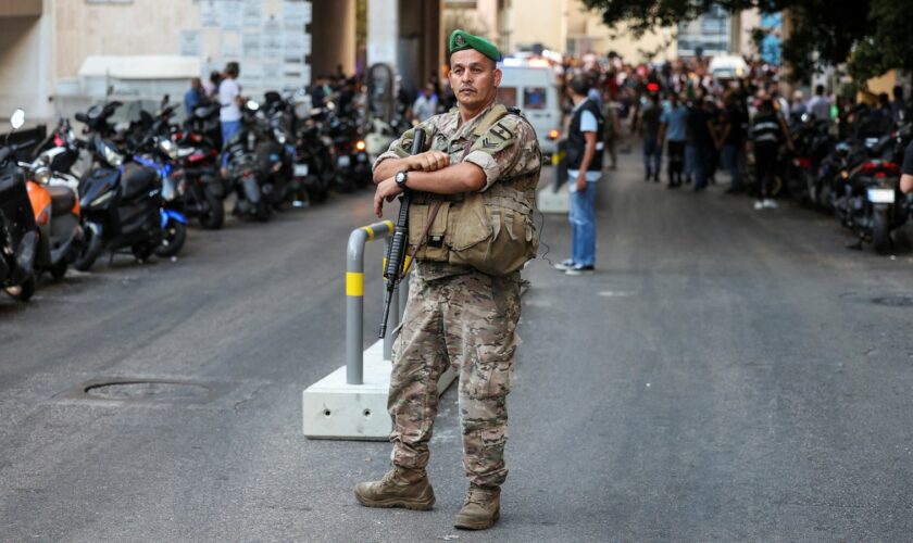 A soldier looks on near American University of Beirut Medical Center (AUBMC) as more than 1,000 people, including Hezbollah fighters and medics, were wounded when the pagers they use to communicate exploded across Lebanon, according to a security source, in Beirut, Lebanon September 17, 2024. REUTERS/Mohamed Azakir