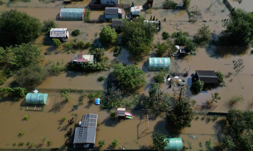 General view taken by drone of flooded allotment gardens by Bystrzyca river in Wroclaw, Poland, September 18, 2024. REUTERS/Kacper Pempel