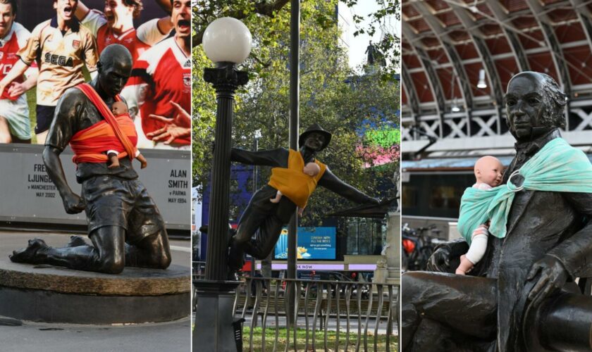 À Londres, ces hommes luttent pour un meilleur congé paternité en accrochant des porte-bébés sur les statues