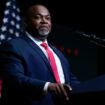 Mark Robinson, running to be North Carolina governor, speaking at a Trump rally in Asheville, North Carolina. Pic: AP