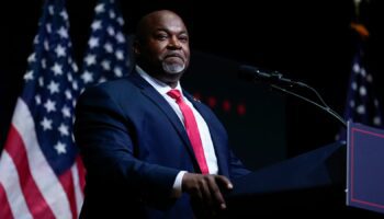 Mark Robinson, running to be North Carolina governor, speaking at a Trump rally in Asheville, North Carolina. Pic: AP