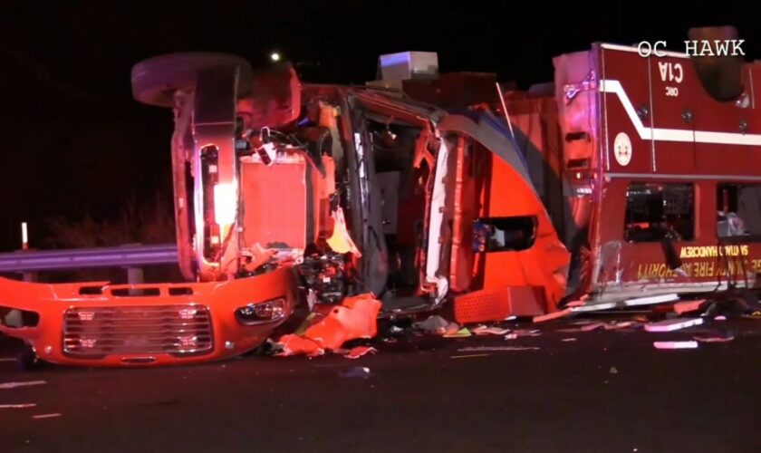 8 California firefighters rushed to hospital after fire truck flips on freeway