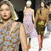 Gigi Hadid storms the Versace runway in an asymmetrical floral dress as she joins Vittoria Ceretti and Iris Law on the catwalk at Milan Fashion Week