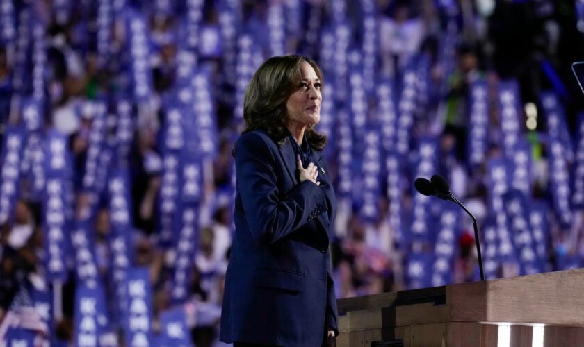 Democratic presidential nominee Vice President Kamala Harris..arrives to speak on the final day of the Democratic National Convention, Thursday, Aug. 22, 2024, in Chicago. (AP Photo/Jacquelyn Martin)