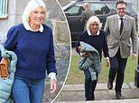 Queen Camilla cuts a casual figure in jeans and navy jumper as she attends Tom Parker Bowles' panel at Braemar Literary Festival in Aberdeenshire