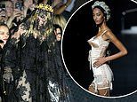 Madonna, 66, commands attention in a black lace veil and crown as D&G show resurrects THAT iconic cone bra while Naomi Campbell and Ashley Graham watch on