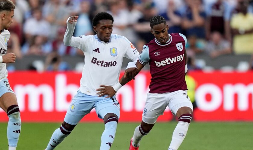 Players from Aston Villa (left) and West Ham compete on the first game of the 2024 season - with both teams featuring gambling companies across their shirts. Pic: PA