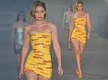 Gigi Hadid is shipping fashion to new heights as she sports mini dress made from DHL parcel tape for Vetements catwalk during Paris Fashion Week