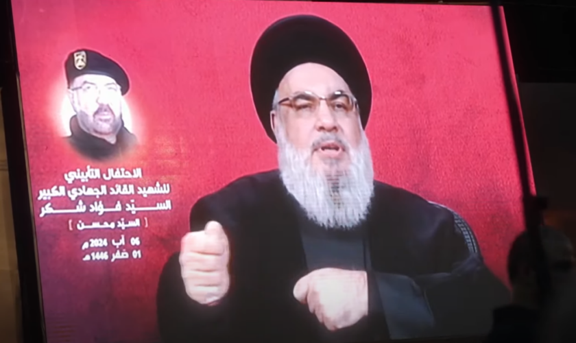 Hassan Nasrallah speaking to the rallygoers