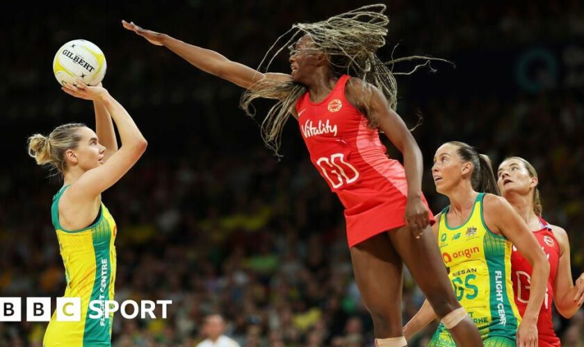 England's Funmi Fadoj challenging Australia's Kiera Austin.