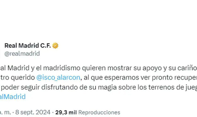 El mensaje de apoyo del Real Madrid a Isco por su lesión