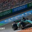 Aston Martin's Lance Stroll on track during the Netherlands Grand Prix with Aramco sponsorship visible on the barriers and his car