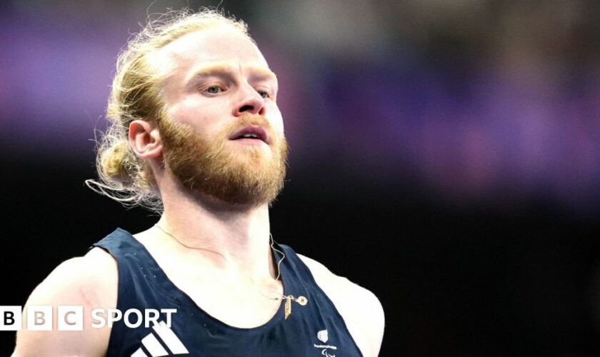 Jonnie Peacock reacts after a race in Paris