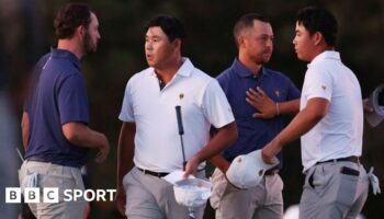 Presidents Cup clash between International team players Si Woo Kim and Tom Kim, and Americans Patrick Cantlay and Xander Schauffele