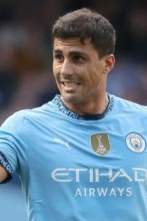 Rodri holds his hands to his face during a press conference