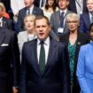 Conservative MPs and leadership candidates, Tom Tugendhat, Shadow Home Secretary James Cleverly, Robert Jenrick and Kemi Badenoch sing the national anthem on the final day of the Conservative Party conference in Birmingham, Britain, October 2, 2024. REUTERS/Toby Melville