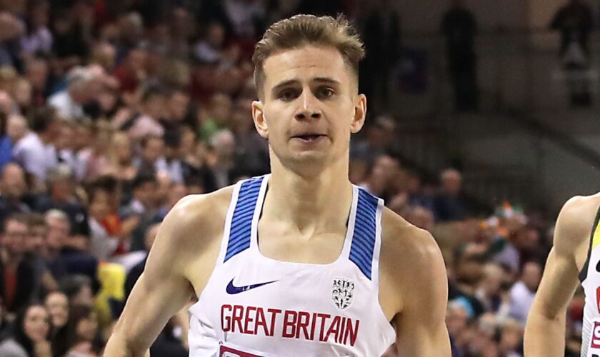 Great Britain's Robbie Fitzgibbon (left) during the Men's 1500m Final during day three of the European Indoor Athletics Championships at the Emirates Arena, Glasgow.