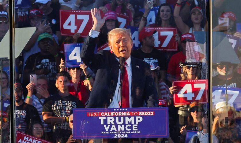 Republican presidential nominee and former US president Donald Trump at a rally in Coachella, California, on Saturday. Pic: Reuters