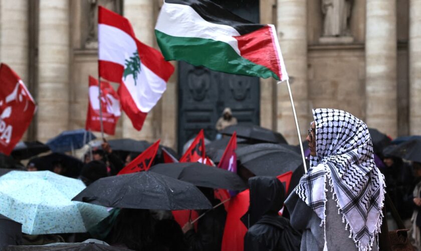 Un manifestant brandit le drapeau palestinien lors d'un rassemblement étudiant en soutien au "peuple palestinien et libanais" à l'Université de la Sorbonne à Paris le 9 octobre 2024.