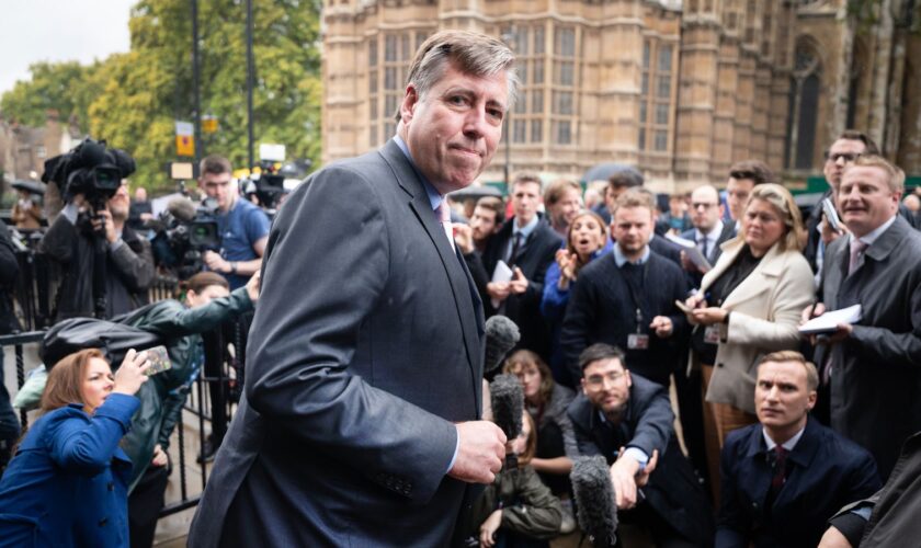 1922 Committee chairman Sir Graham Brady makes a statement outside Parliament after Liz Truss announced her resignation as PM. Pic: PA