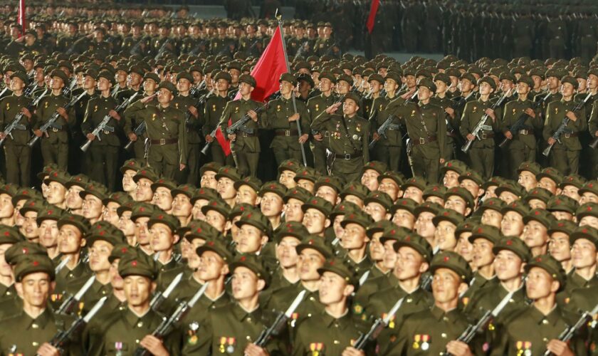 In this photo provided by the North Korean government, North Korean solders parade during a celebration of the nation’s 73rd anniversary that was overseen by leader Kim Jong Un, at Kim Il Sung Square in Pyongyang, North Korea, early Thursday, Sept. 9, 2021. Independent journalists were not given access to cover the event depicted in this image distributed by the North Korean government. The content of this image is as provided and cannot be independently verified. Korean language watermark on im