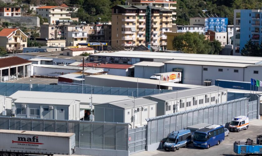 A view of a migrant processing center at the port of Shengjin, northwestern Albania Wednesday, Oct. 16, 2024, as the first group of migrants who were intercepted in international waters arrived Wednesday. (AP Photo/Vlasov Sulaj)