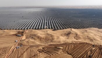 Des véhicules préparent le terrain avant l'installation de nouveaux panneaux solaires pour la centrale énergétique de Ningxia, dans le désert de Tengger, en Chine, le 9 décembre 2023