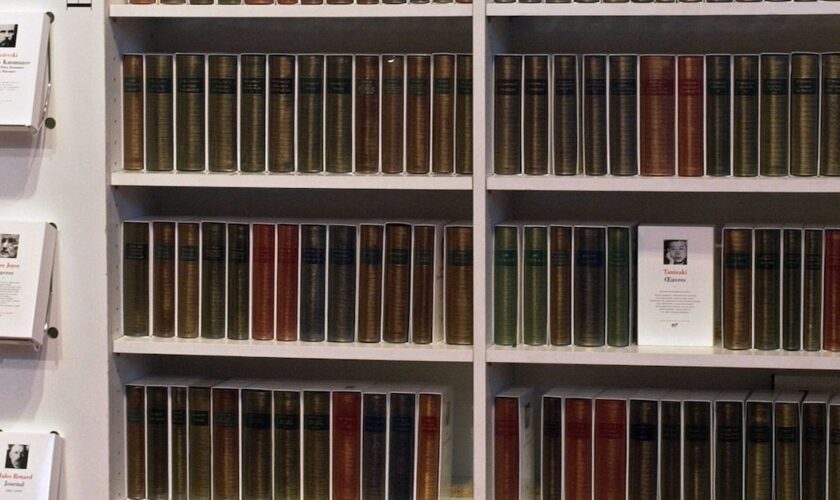 Photo prise le 22 mars 2003, porte de Versailles à Paris, des ouvrages de la "Bibliothèque de la Pléiade" exposés sur leur stand du salon du livre