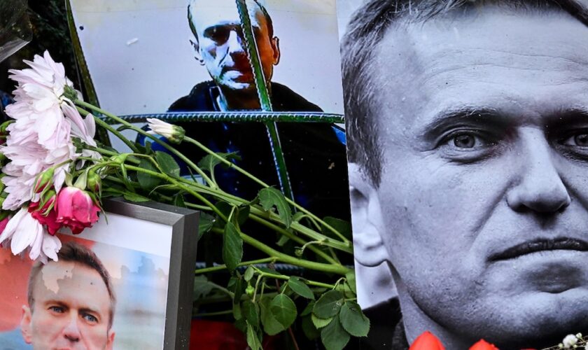 Des fleurs déposées autour de portraits de l'opposant russe Alexeï Navalny, mort en prison, le 23 février 2024 à Francfort, en Allemagne