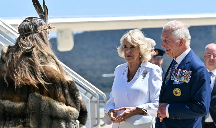 King Charles and Queen Camilla are greeted by Ngunnawal Elder Aunty Serena Williams. Pic: Saeed Khan/Pool Photo via AP