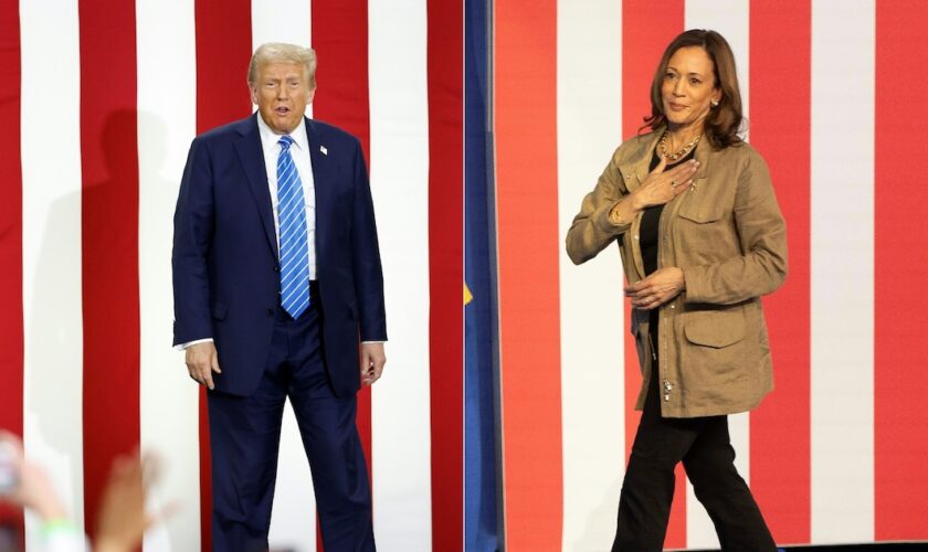 Diptyque photographique avec Donald Trump le 1er octobre dans le Wisconsin, et Kamala Harris le 27 septembre dans l'Arizona