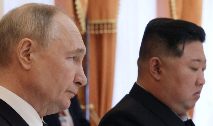 Russia's President Vladimir Putin and North Korea's leader Kim Jong Un attend a press conference following their talks in Pyongyang, North Korea June 19, 2024. Sputnik/Gavriil Grigorov/Pool via REUTERS ATTENTION EDITORS - THIS IMAGE WAS PROVIDED BY A THIRD PARTY.