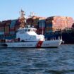 This image provided by the U.S. Coast Guard shows the U.S. Coast Guard Cutter Sailfish, an 87-foot Marine Protector class vessel, as it prepares to escort the Motor Vessel Dali during its transit from the Port of Baltimore to the Port of Virginia, Monday, June 24, 2024. (Petty Officer 3rd Class Christopher Bokum/U.S. Coast Guard via AP)