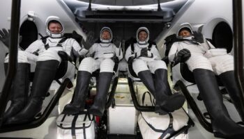 From left, Roscosmos cosmonaut Alexander Grebenkin and NASA astronauts Michael Barratt, Matthew Dominick and Jeanette Epps. Pic: AP/NASA