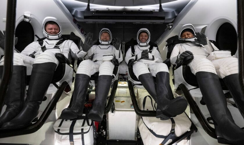 From left, Roscosmos cosmonaut Alexander Grebenkin and NASA astronauts Michael Barratt, Matthew Dominick and Jeanette Epps. Pic: AP/NASA