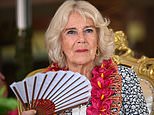 Fans for the memories! King Charles and Queen Camilla enjoy fond and colourful - if rain-sodden - farewell from Samoa, wreathed in garlands and knocking back special plant brew