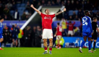 Nottingham Forest's Jota Silva celebrates at the final whistle after the Premier League match at the King Power Stadium, Leicester. Picture date: Friday October 25, 2024.