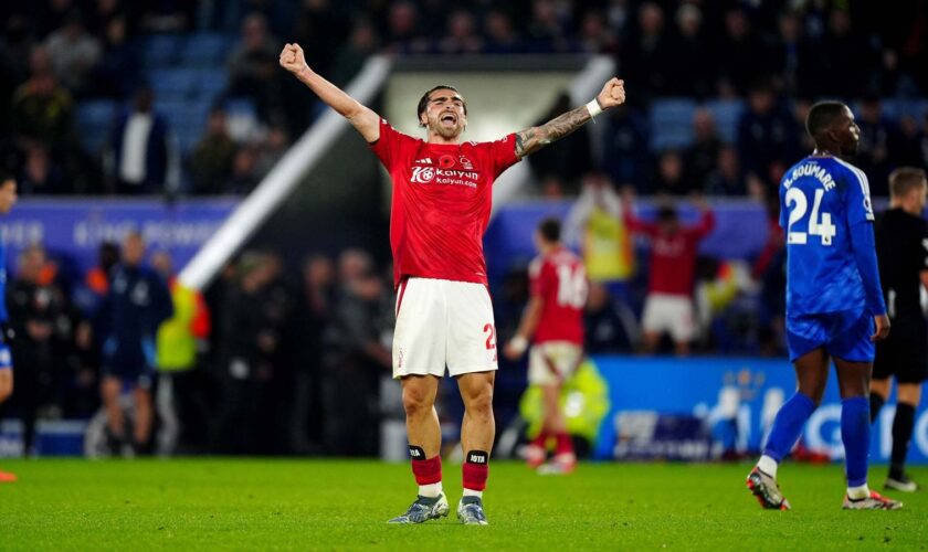 Nottingham Forest's Jota Silva celebrates at the final whistle after the Premier League match at the King Power Stadium, Leicester. Picture date: Friday October 25, 2024.