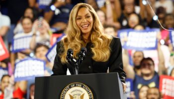 Beyoncé appeared on stage at the event for Kamala Harris. Pic: AP