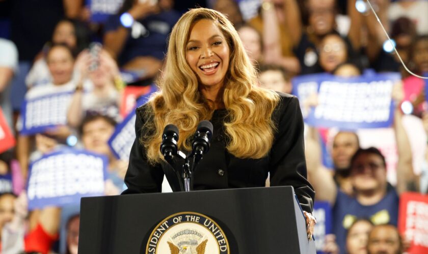 Beyoncé appeared on stage at the event for Kamala Harris. Pic: AP