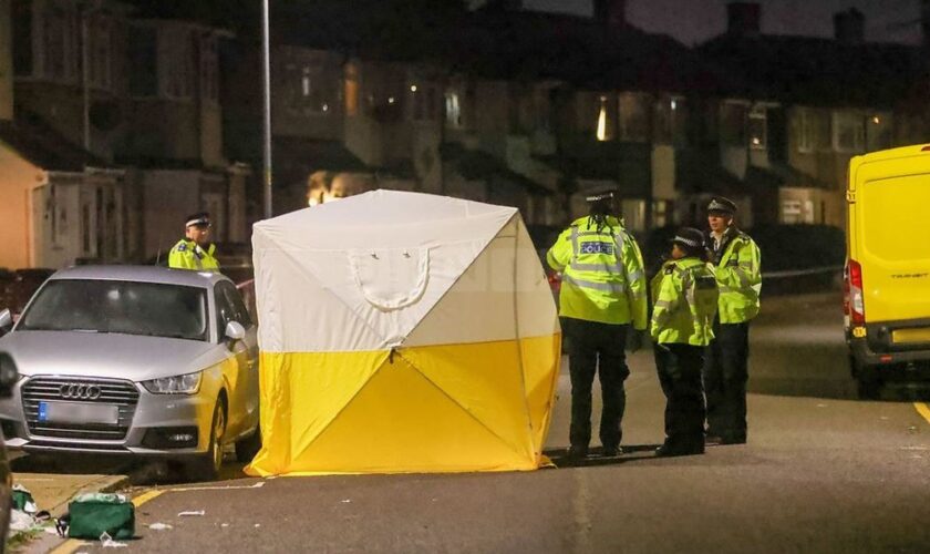 A crime scene tent erected in First Avenue, Dagenham, after a woman and two girls were stabbed. Pic: UKNIP