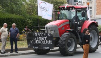 Des fermiers belges manifestent contre l'accord de libre-échange entre l'UE et le Mercosur devant le siège de la Commission européenne à Bruxelles, le 11 juillet 2019